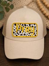 Load image into Gallery viewer, Pray Patch | Embroidered Dalmatian Print | Western Boho Christian Boutique Cap | Cute Faith-Based Gift for Women