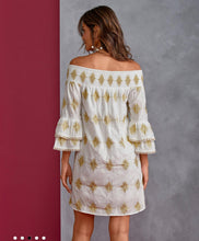 Load image into Gallery viewer, Medium Boston Proper Metallic Gold Detail Off The Shoulder Dress