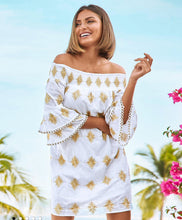 Load image into Gallery viewer, Medium Boston Proper Metallic Gold Detail Off The Shoulder Dress