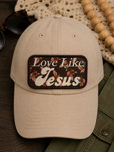 Load image into Gallery viewer, Love Like Jesus Patch Hat | Christian Trucker Hat | Floral Embroidered Patch Cap | Faith Based Boutique Hat | Boho Western Christian Gift