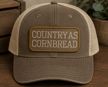 Load image into Gallery viewer, Country As Cornbread Embroidered Patch | Funny Country Patch | Western Iron-On Patch | Farm Life Patch | Rustic Country Gift | Made from Thrifted Textiles
