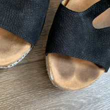 Load image into Gallery viewer, Size 10 Lucky Black Espadrille Strappy Sandal Wedge