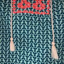 Load image into Gallery viewer, Size 2 J. Crew Neon Embroidered Teal Tassel Blouse