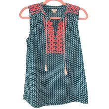 Load image into Gallery viewer, Size 2 J. Crew Neon Embroidered Teal Tassel Blouse