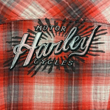Load image into Gallery viewer, Large Harley Davidson red plaid gauze cotton pearl snap short sleeve top embroidered