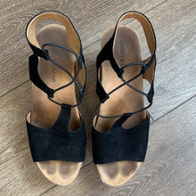 Load image into Gallery viewer, Size 10 Lucky Black Espadrille Strappy Sandal Wedge