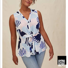 Load image into Gallery viewer, Size Medium Torrid NWOT MULTI GEO GEORGETTE PEPLUM TIE FRONT SLEEVELESS BLOUSE