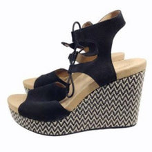 Load image into Gallery viewer, Size 10 Lucky Black Espadrille Strappy Sandal Wedge
