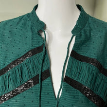 Load image into Gallery viewer, Small Zara NWT Emerald Green Eyelet Peasant Style Long Sleeve Top With Black Lace