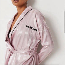 Load image into Gallery viewer, Size 12 Playboy x Missguided Pink Satin Stripe Bunny Robe
