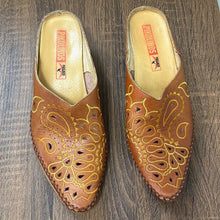 Load image into Gallery viewer, Size 4.5-5 Pikolino Orange Yellow Embroidered Leather Western Mules