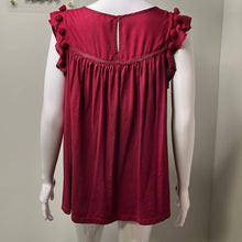Load image into Gallery viewer, Size XL Crown & Ivy Dark Wine Red Pom Pom Ruffle Short Sleeve Top
