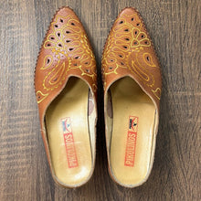 Load image into Gallery viewer, Size 4.5-5 Pikolino Orange Yellow Embroidered Leather Western Mules