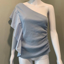 Load image into Gallery viewer, Size Medium Anthropologie NWT Light Blue One Shoulder Ribbed Ruffle Top