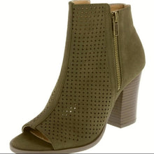 Load image into Gallery viewer, Size 8 Brash Olive Green Perforated Zip Up Open Toe Ankle Booties
