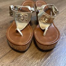 Load image into Gallery viewer, Size 8.5 Tommy Hilfiger Gold Sandal Platform Cork Wedges