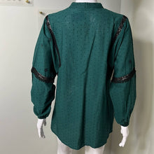 Load image into Gallery viewer, Small Zara NWT Emerald Green Eyelet Peasant Style Long Sleeve Top With Black Lace