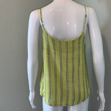 Load image into Gallery viewer, Large E & M Buckle Lime Green Stripe Asymmetrical Button Tank