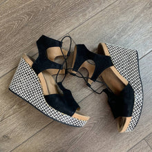 Load image into Gallery viewer, Size 10 Lucky Black Espadrille Strappy Sandal Wedge