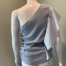 Load image into Gallery viewer, Size Medium Anthropologie NWT Light Blue One Shoulder Ribbed Ruffle Top