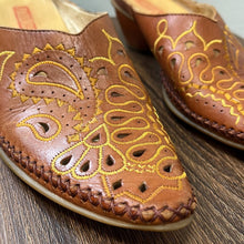 Load image into Gallery viewer, Size 4.5-5 Pikolino Orange Yellow Embroidered Leather Western Mules