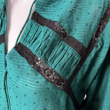 Load image into Gallery viewer, Small Zara NWT Emerald Green Eyelet Peasant Style Long Sleeve Top With Black Lace