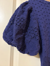 Load image into Gallery viewer, Medium Free People NWT Bow Open Back Eyelet Navy Blue Puff Sleeve Dress
