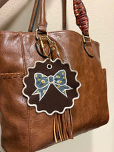 Load image into Gallery viewer, 5” Floral Bow Embroidered Keychain | Fall Bag Charm | Handmade Thrifted Textile Keychain | Floral Purse Charm
