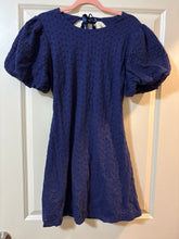 Load image into Gallery viewer, Medium Free People NWT Bow Open Back Eyelet Navy Blue Puff Sleeve Dress
