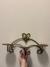 Load image into Gallery viewer, Vintage Gold Wrought Iron Triple Pillar Candelabra Wall Sconce
