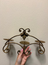 Load image into Gallery viewer, Vintage Gold Wrought Iron Triple Pillar Candelabra Wall Sconce
