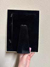 Load image into Gallery viewer, vintage 1980s 5x7” floral picture frame made from resin with a faux stone texture, adorned with 3D pink roses and green leaves
