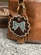 Load image into Gallery viewer, 5” Floral Bow Embroidered Keychain | Fall Bag Charm | Handmade Thrifted Textile Keychain | Floral Purse Charm
