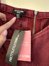 Load image into Gallery viewer, Size 10 NWT PrettyLittleThing Washed Burgundy Dipped Hem Denim Corset Top
