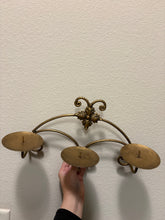 Load image into Gallery viewer, Vintage Gold Wrought Iron Triple Pillar Candelabra Wall Sconce
