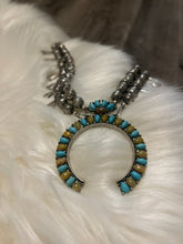 Load image into Gallery viewer, Turquoise &amp; Tan Silver Squash Blossom Western Necklace
