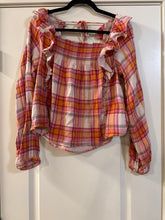 Load image into Gallery viewer, Small Free People Siena plaid print smocked ruffle blouse
