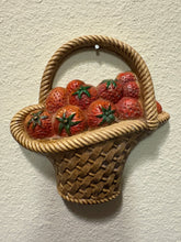 Load image into Gallery viewer, 1985 vintage Burwood Products Company plastic wall hanging plaque shaped like a woven basket filled with strawberries
