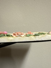 Load image into Gallery viewer, vintage 1980s 5x7” floral picture frame made from resin with a faux stone texture, adorned with 3D pink roses and green leaves
