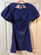 Load image into Gallery viewer, Medium Free People NWT Bow Open Back Eyelet Navy Blue Puff Sleeve Dress

