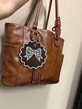 Load image into Gallery viewer, 5” Floral Bow Embroidered Keychain | Fall Bag Charm | Handmade Thrifted Textile Keychain | Floral Purse Charm
