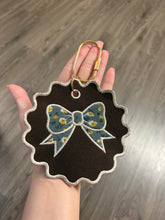 Load image into Gallery viewer, 5” Floral Bow Embroidered Keychain | Fall Bag Charm | Handmade Thrifted Textile Keychain | Floral Purse Charm
