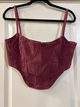Load image into Gallery viewer, Size 10 NWT PrettyLittleThing Washed Burgundy Dipped Hem Denim Corset Top
