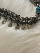 Load image into Gallery viewer, Turquoise &amp; Tan Silver Squash Blossom Western Necklace
