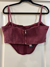 Load image into Gallery viewer, Size 10 NWT PrettyLittleThing Washed Burgundy Dipped Hem Denim Corset Top
