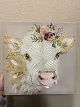 Load image into Gallery viewer, Boho Floral Hand Painted Cow Canvas Wall Decor
