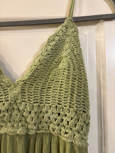 Load image into Gallery viewer, Medium Hint of Blush olive green midi dress featuring a textured crochet V-neck bodice and a tiered, crinkled skirt
