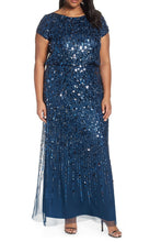 Load image into Gallery viewer, Size 16W NWT ADRIANNA PAPELL DEEP BLUE SEQUIN SHORT SLEEVE COLUMN GOWN (PLUS SIZE)
