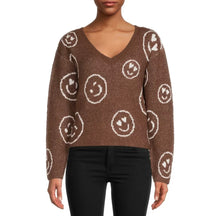 Load image into Gallery viewer, Medium No Boundaries Brown Smiley Face V-Neck Sweater
