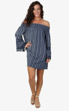 Load image into Gallery viewer, XL Kiwi Punch Boho Blue Stripped Off Shoulder Mini Dress/ Tunic Top
